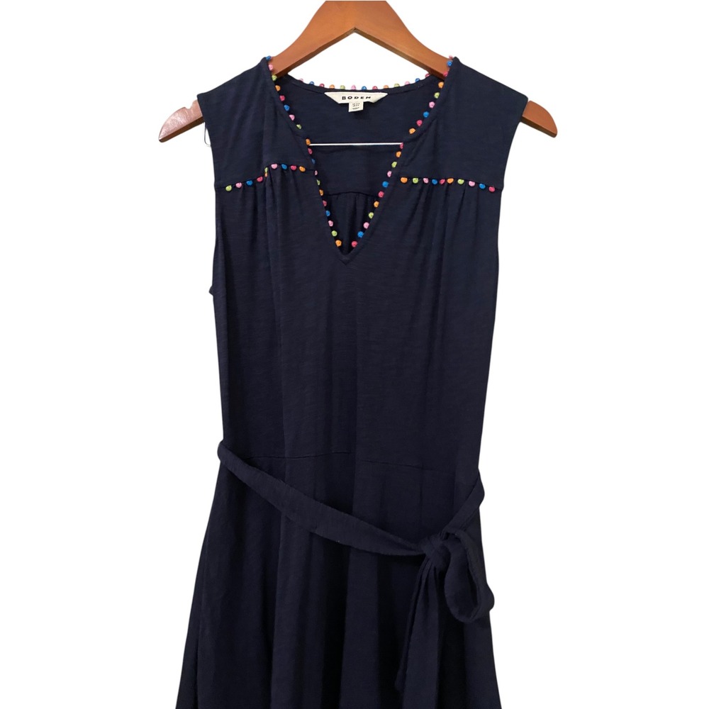 Boden Tara Tiered Midi Dress US 8 Pom Trim 100% Cotton Navy Blue - Picture 9 of 15